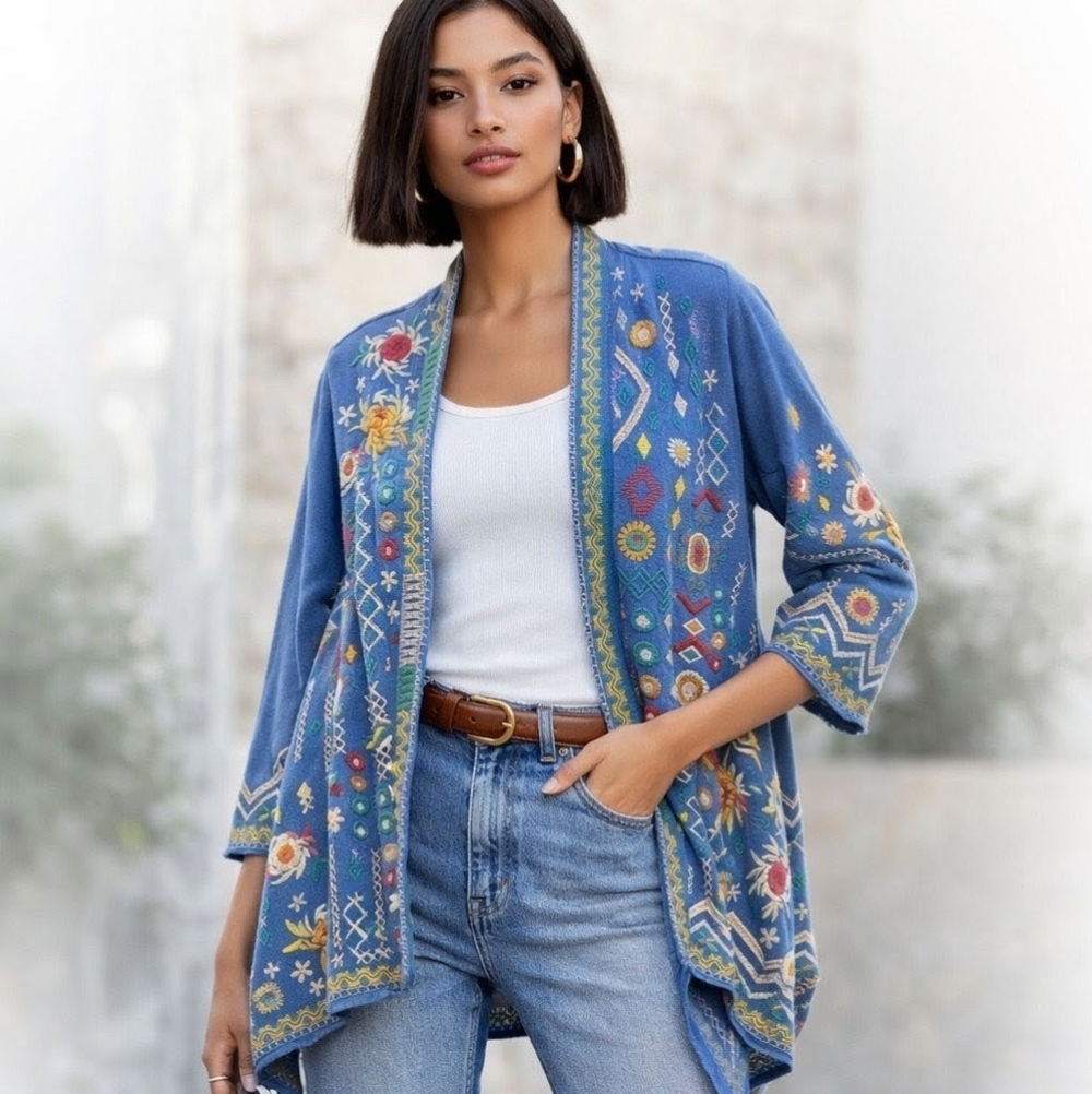 Rare✨Johnny Was✨ Prisca Embroidered Cardigan Boho 3/4 Sleeve Size XS